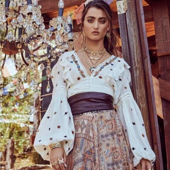 FREE PEOPLE ANTHROPOLOGIE BOHEMIA DEEP‎ V BLOUSE SIZE L - Picture 1 of 6